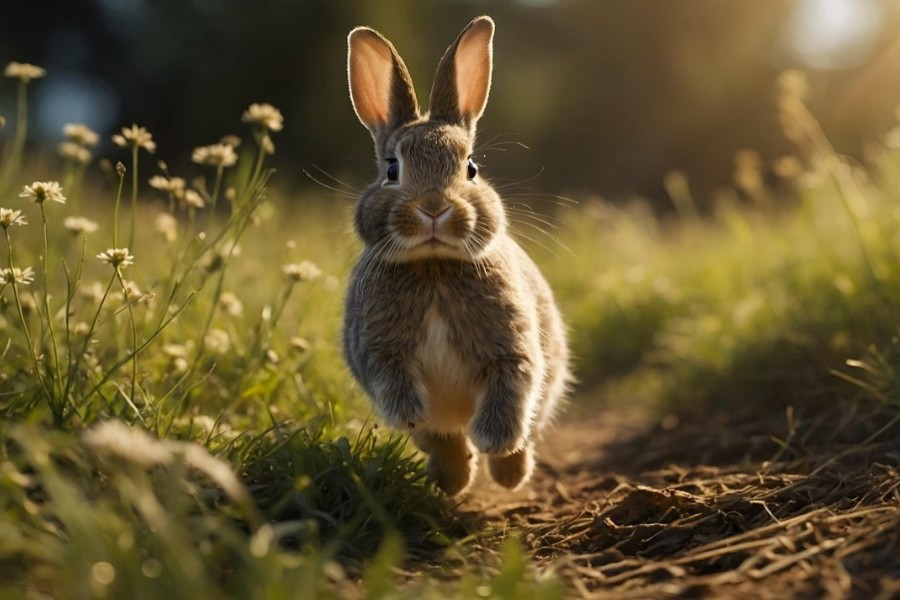 ein Hase hoppelt durchs Gras