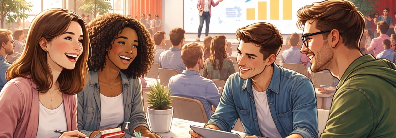 Karikatur von Menschen die fröhlich zusammensitzen.